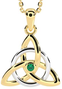 Yellow & White Gold Genuine Emerald .03cts Irish "Celtic Knot" Pendant Necklace