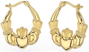 14K Yellow Gold Solid Silver Irish Claddagh Hoop Earrings